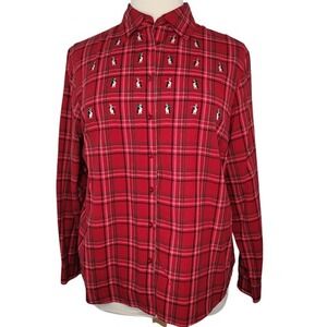 Karen Scott Red Plaid with Penguins Blouse‎